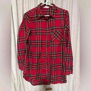 Hippie Rose Red Long Plaid Flannel Shirt, XS Long Sleeve, Soft Cozy Fall Holiday